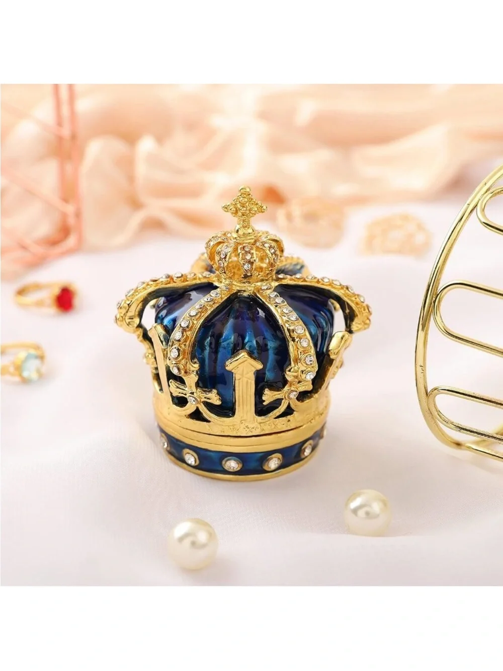 Cloisonne Blue‎ Crown Jewelry Box with Gold and Rhinestones new